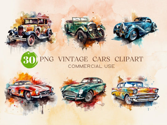 Vintage Watercolor Classic Cars Collection