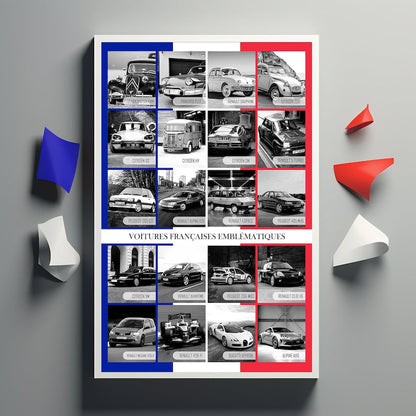 Iconic French Car Poster 2024: Vintage Collage of Renault, Peugeot, Alpine, Citroen