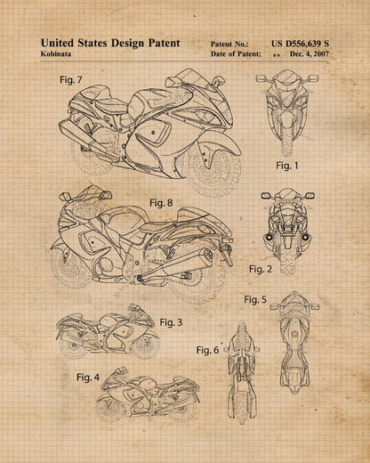 Vintage Motorcycle Blueprint Wall Art