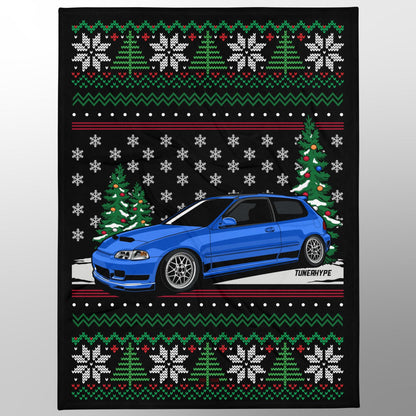 Ugly Christmas Blanket - Honda Civic EG Captiva Blue - Ugly Xmas Sweater, Car Guy Holiday Gift, Funny Christmas Gift, Ugly Christmas Sweater