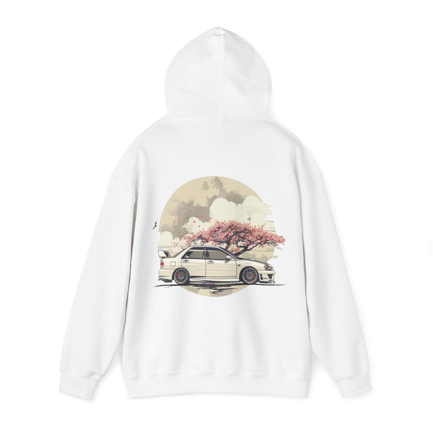 JDM White Subaru WRX STI Hoodie - Clean & Simple Aesthetic with Cherry Blossom Background