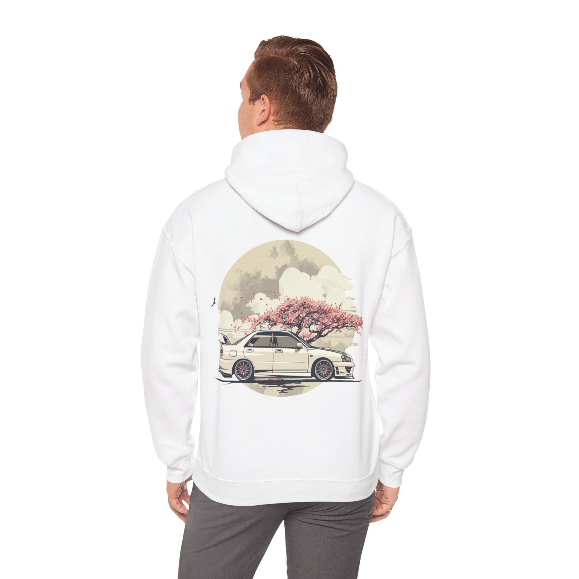 JDM White Subaru WRX STI Hoodie Clean and Simple Aesthetic with Cherry Blossom Background