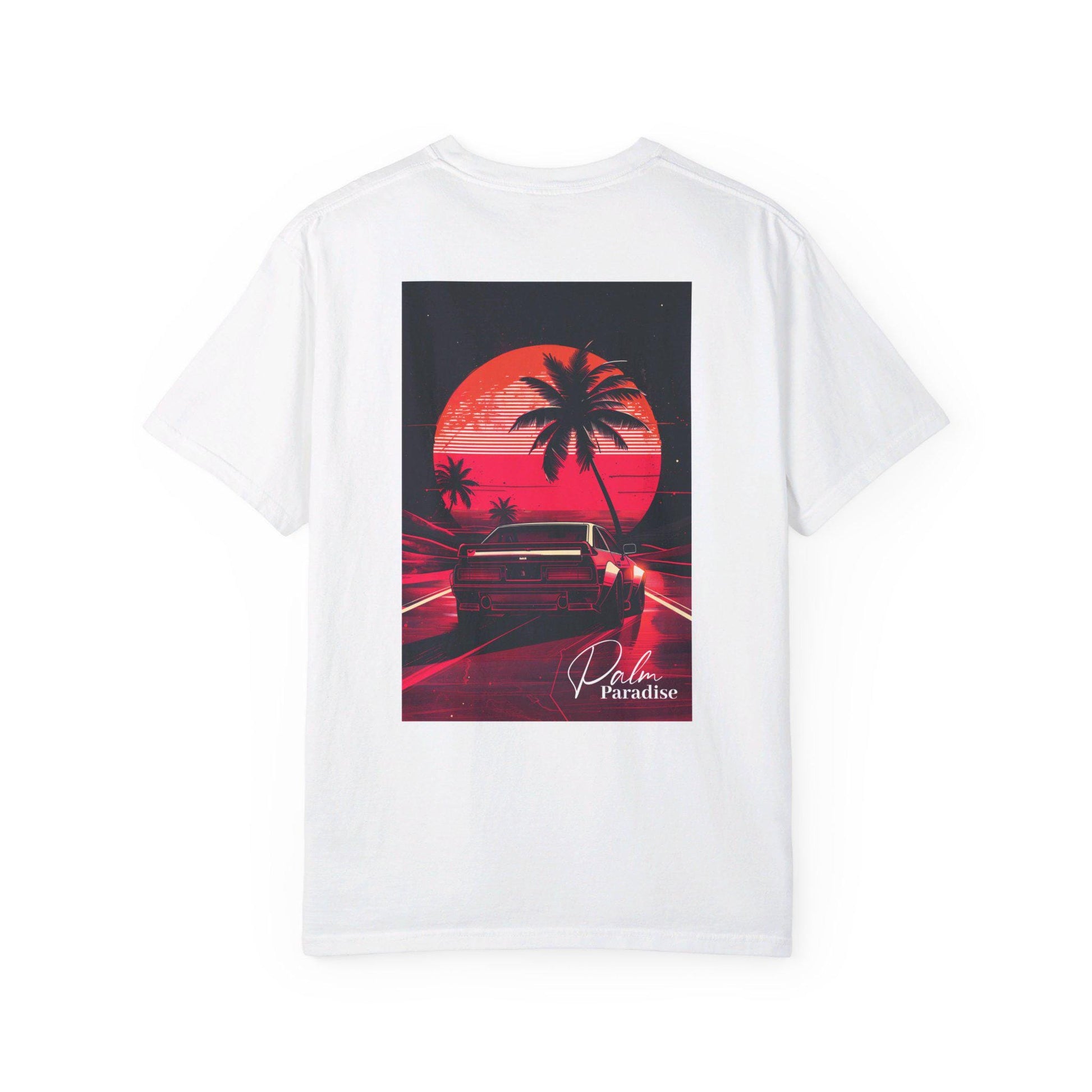 Palm Paradise Retro Car T-shirt - Boosted Gear Co, Vintage Sunset Tee, Cool Unisex Top, Casual Beach Vibes Shirt, Unique Graphic Apparel